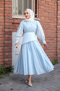 Kuşaklı Kraş Elbise Bebe Mavi