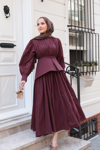 Kuşaklı Kraş Elbise Bordo