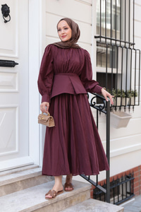 Kuşaklı Kraş Elbise Bordo