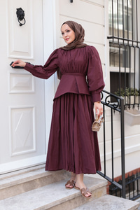 Kuşaklı Kraş Elbise Bordo