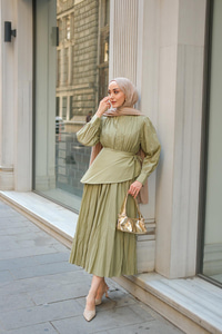 Kuşaklı Kraş Elbise Küf Yeşil