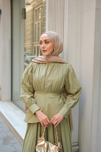 Kuşaklı Kraş Elbise Küf Yeşil