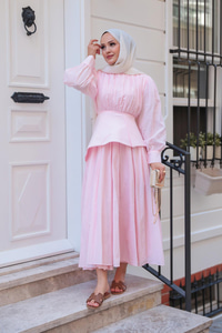 Kuşaklı Kraş Elbise Pembe