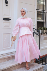 Kuşaklı Kraş Elbise Pembe