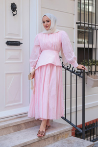 Kuşaklı Kraş Elbise Pembe