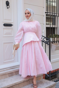Kuşaklı Kraş Elbise Pembe