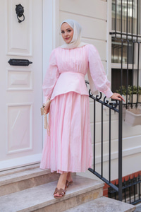 Kuşaklı Kraş Elbise Pembe