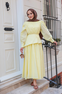 Kuşaklı Kraş Elbise Sarı