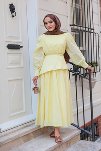 Kuşaklı Kraş Elbise Sarı