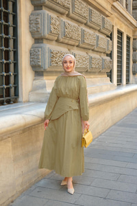 Kuşaklı Kraş Elbise Yağ Yeşil