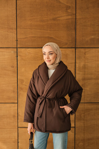 Kuşaklı Şişme Mont Kahverengi