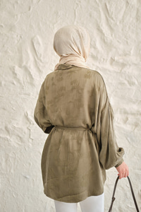 Lale Desen Saten Bel Bağlamalı Gömlek Haki Yeşil