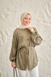 Lale Desen Saten Bel Bağlamalı Gömlek Haki Yeşil