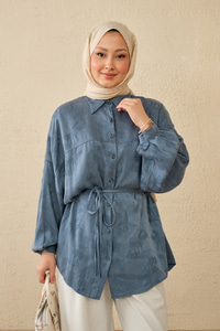 Lale Desen Saten Bel Bağlamalı Gömlek Mavi