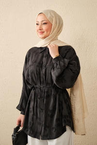 Lale Desen Saten Bel Bağlamalı Gömlek Siyah