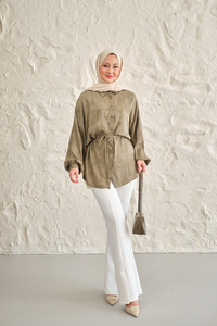 Lale Desen Saten Bel Bağlamalı Gömlek Haki Yeşil