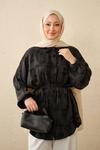 Lale Desen Saten Bel Bağlamalı Gömlek Siyah