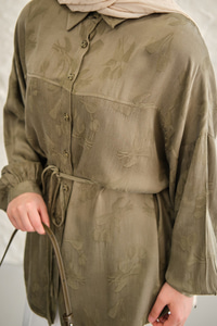 Lale Desen Saten Bel Bağlamalı Gömlek Haki Yeşil