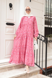 Lale Desenli Elbise Fuşya