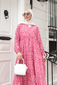 Lale Desenli Elbise Fuşya