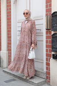 Lale Desenli Elbise Kahverengi