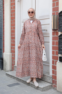 Lale Desenli Elbise Kahverengi