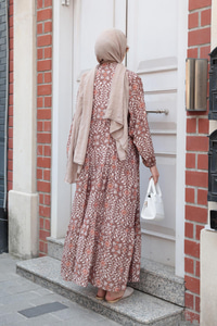 Lale Desenli Elbise Kahverengi