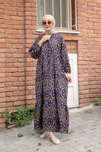 Lale Desenli Elbise Siyah