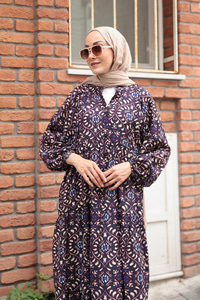 Lale Desenli Elbise Siyah