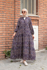 Lale Desenli Elbise Siyah