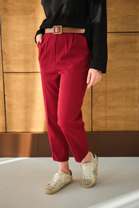 Lastik Detay Kemerli Kumaş Pantolon Bordo