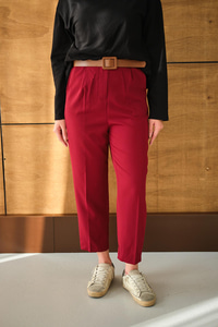 Lastik Detay Kemerli Kumaş Pantolon Bordo