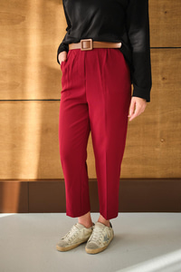 Lastik Detay Kemerli Kumaş Pantolon Bordo