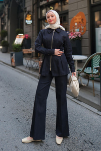 Lastikli Geniş Paça Jean Pantolon Koyu Mavi