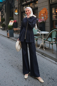 Lastikli Geniş Paça Jean Pantolon Koyu Mavi