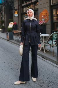 Lastikli Geniş Paça Jean Pantolon Koyu Mavi