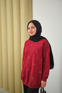 LCC Taş Detay Bisiket Yaka Sweat Bordo