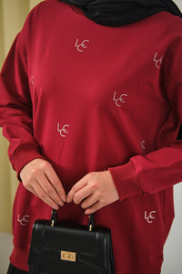 LCC Taş Detay Bisiket Yaka Sweat Bordo