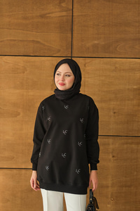 LCC Taş Detay Bisiket Yaka Sweat Siyah