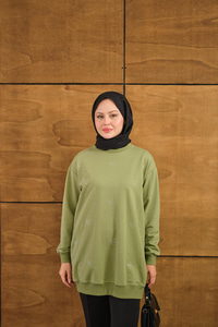 LCC Taş Detay Bisiket Yaka Sweat Yeşil