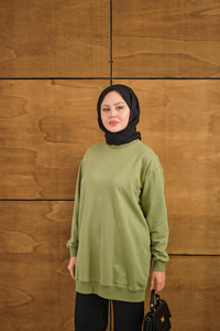 LCC Taş Detay Bisiket Yaka Sweat Yeşil