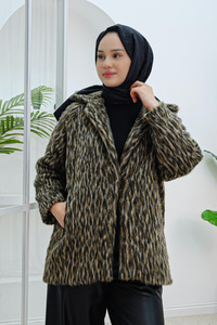 Leopar Desen Peluş Ceket Kahverengi