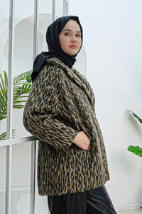 Leopar Desen Peluş Ceket Kahverengi