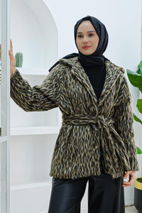 Leopar Desen Peluş Ceket Kahverengi