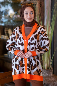 Uygun Fiyatlı LEOPAR DESEN TRIKO HIRKA ORANJ | Loccomoda.com 