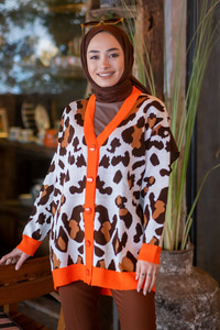 Uygun Fiyatlı LEOPAR DESEN TRIKO HIRKA ORANJ | Loccomoda.com 