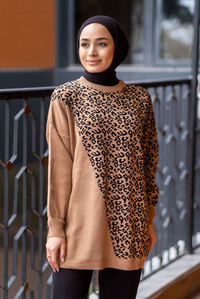 Uygun Fiyatlı LEOPAR DESEN TRIKO KAZAK VIZON | Loccomoda.com 