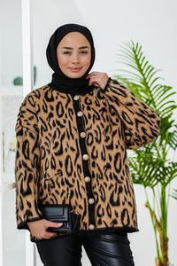 Leopar Desenli Düğmeli Hırka Siyah