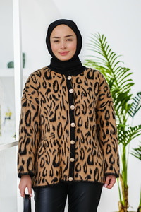 Leopar Desenli Düğmeli Hırka Siyah