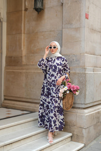 Leopar  Desenli Elbise Lacivert